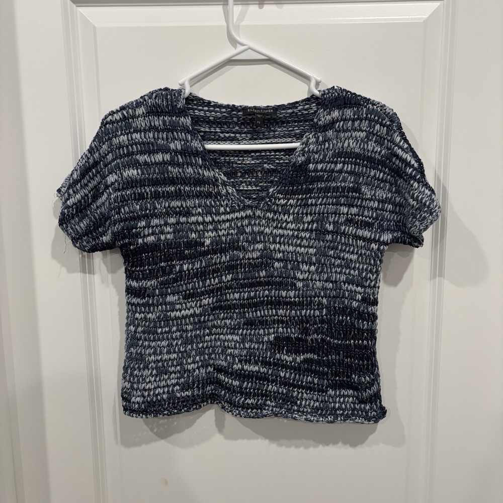 EILEEN FISHER Knit V Neck Shirt Petite Small Blue‎ Brushstroke Cotton